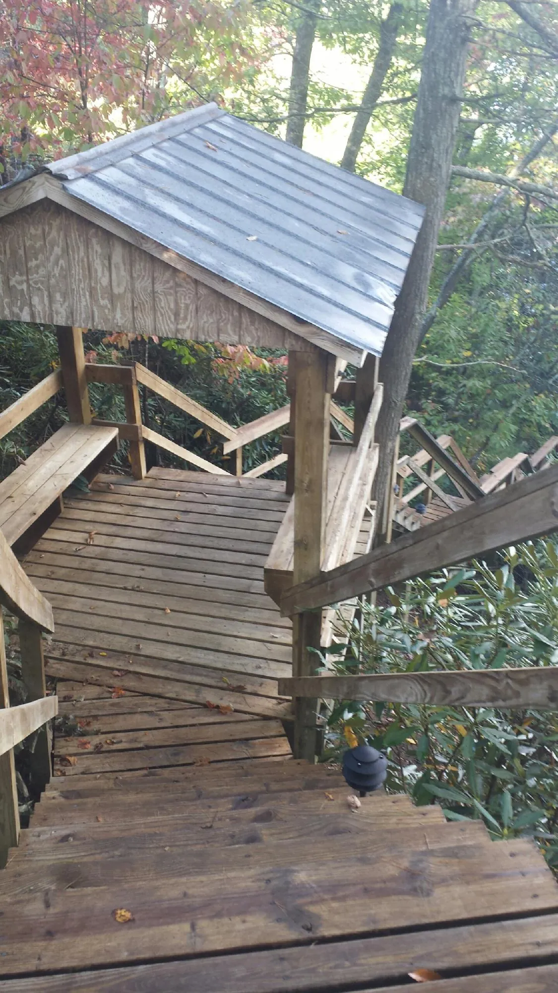 Metal roofed shelter over wooden steps on a wooded walkway — Skylight Repair & Installation work by our crew in Point Harbor